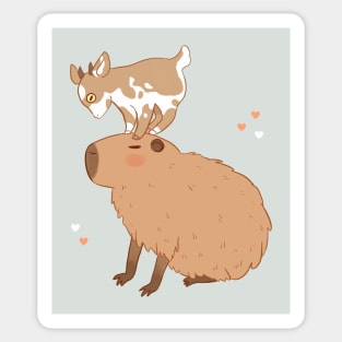 Cute capybara with a little goat friend on its head Sticker